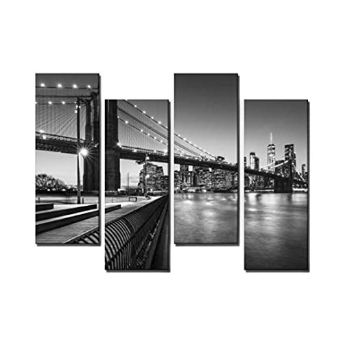 Black and White Canvas Wall Art for Living room Brooklyn Bridge Park boardwalk Lower East River and the Brooklyn 4 Panels Decor Framed Ready to Hang for Home Bathroom Kitchen Office Decoration Black and White Canvas Wall Art for Living room Brooklyn Bridge Park boardwalk Lower East River and the Brooklyn 4 Panels Decor Framed Ready to Hang for Home Bathroom Kitchen Office Decoration
