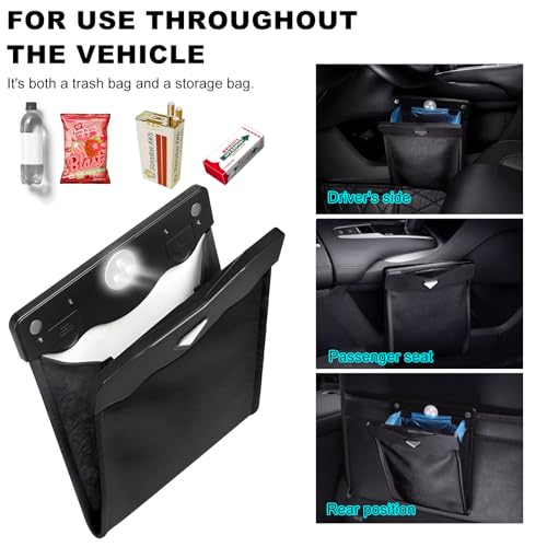 Image of Yourkar Car Hanging Trash Can, Magnetic Closure LED Light Auto Trash Bag Storage Pocket, Collapsible Waterproof Leather Hanging Trash Can with Disposable Trash Bag, Car Accessories (Black)