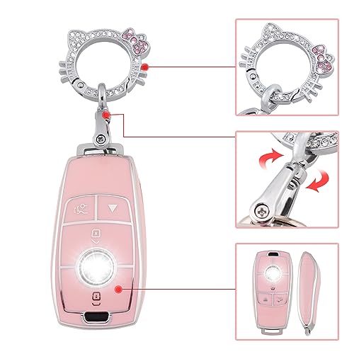 Image of Pangpai Pink Key Fob Cover for Mercedes Benz, Soft TPU Key Case Protection with Bling Keychain Fit for A-Class C-Class G-Class 2017-2020 E-Class S-Class