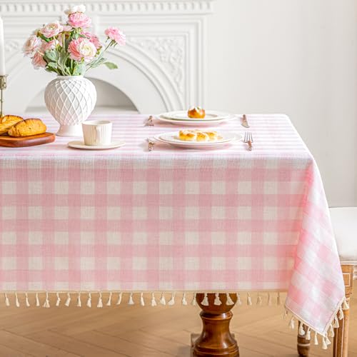 NALVXIN Checkered Tablecloth Rectangle Cotton Linen Gingham Table Cloth with Tassel Washable Wrinkle Free Heavy Duty Buffalo Plaid Table Cover for Dining/Party/Picnic (Pink, 55