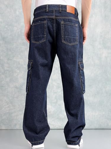 Image of The Indian Garage Co Men Relaxed Fit Solid Mid-Rise Cargo Denim