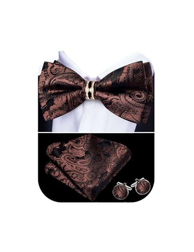 Image of YOHOWA Mens Bow Tie Set Paisley Pre-tied Bowties Adjustable with Handkerchief Cufflinks Gold Ring Set Wedding Prom Party