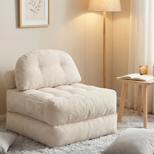 Qundicy Convertible Corduroy Floor Sofa 3-in-1 Folding Lazy Sofa Bed with Adjustable Backrest Soft Bean Bag Chair Lounger for Living Room Bedroom Guest Room Oversized Sleeper Chair