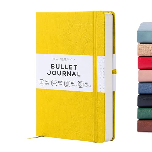 BEECHMORE BOOKS Cuaderno de puntos, A5, amarillo, diario de tapa dura premium con cuero vegano, papel crema grueso de 160 g/m², cuaderno profesional con viñetas, caja de presentación para rellenos de