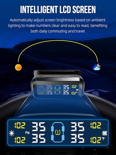 Tire Pressure Monitoring System with Solar & USB Charger-TPMS with 4 External Sensors & 6 Alarm Modes, LCD Display Screen, Real-Time Pressure & Temperature Monitor for Sedan/SUV/MPV/RV/Trailer 0-99PSI - Image 6
