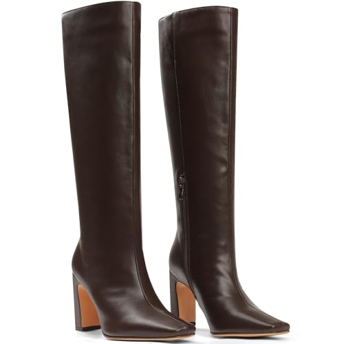 Image of Lovee Cosee Knee High Boots for Women Square Toe Chunky Heeled Boots with Side Zipper Fashion Dress Elastic Tall Boots