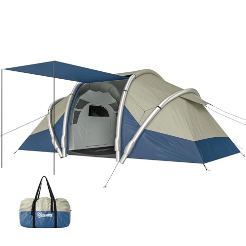 Outsunny Aufblasbares Zelt 4 Personen Schneller Aufbau Outdoor Tunnelzelt mit Luftpumpe 2 Schlafzimmer Meshfenster fluoreszierend Heringen Vordach Wasserdicht Air Glamping Zelte aus Oxfordstoff
