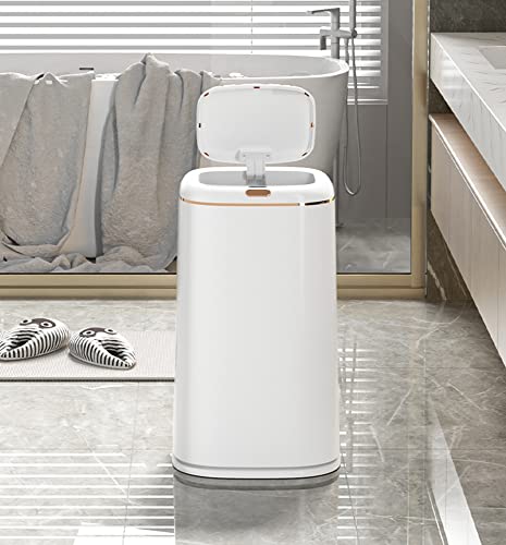 Image of Sooyee 40L Automatic Trash Can with Lid, 10.5 Gallon Smart Motion Sensor Trash Can for Bedroom, Bathroom, Kitchen, Office, White with Gold Border, 3 Opening Modes