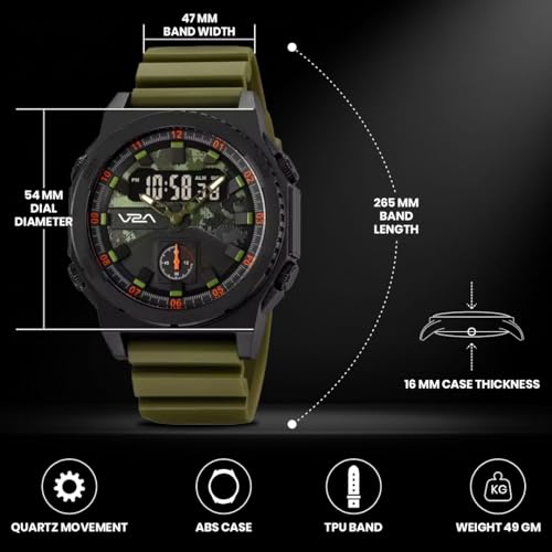 Image of V2A Stryke TERRAX 2855 Analog-Digital Watch for Men | Tactical Black Performance Dial with Digital Display | Rugged Everyday Sports & Outdoor Style Watch | 50M Waterproof