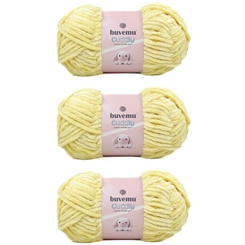 Image of Cuddly Velvet Chenille Yarn, Super Soft Fluffy Bulky for Knitting Crocheting Blanket Amigurumi, Durable for Shedding, 100 Gram (3.53 Ounces) 109 Yards (100 Meters) (Butter Yellow) (3 Skeins)