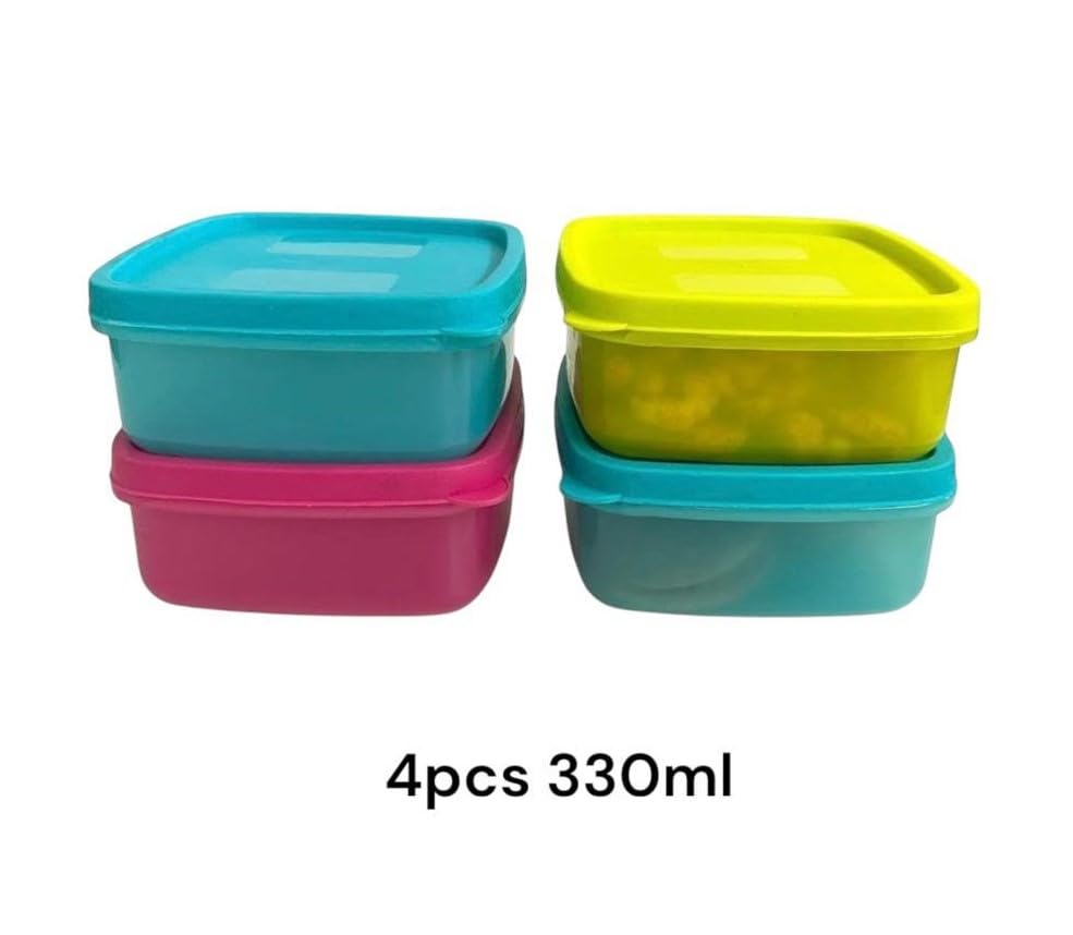 Image of C.S.M CSM Plastic Pet Square Storage Boxes, Set of 4 (330ml Each), Multicolour, Air Tight, Kitchen Organiser, BPA Free, Microwave Safe, Dishwasher Safe, Stackable