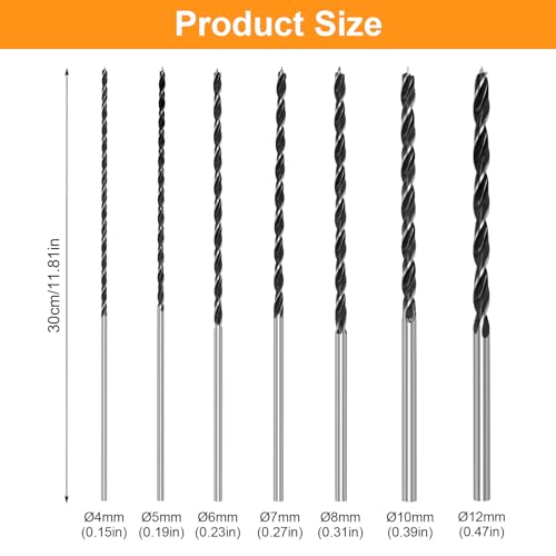 Balkenbohrer Set, Holzbohrer Set 4, 5, 6, 7, 8, 10, 12 mm x 300mm Lang Holzspiralbohrer Bruchfeste Schlangenbohrer, Lange Schalungsbohrer Schlangenbohrer Set für Hartholz Weichholz Sperrholz