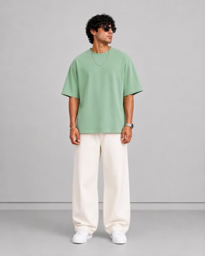 Image of PeaceOut Oversized T Shirt for Men | 240 GSM Heavyweight Cotton T Shirt | Drop Shoulder Oversized Tshirt for Men | Baggy Loose Fit Streetwear Round Neck Half Sleeve Casual Wear