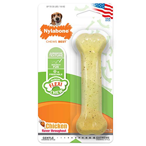 Nylabone Flexi Chew Bone for Dogs, Flexible, Bouncy Material for Gentle to Moderate Chewers, Freeze & Treat, Helps Clean Teeth & Control Plaque, Chicken Flavour, Ideal for Dogs Upto 16kg, Medium (B0000BYDH7) Amazon Price History, Amazon Price Tracker