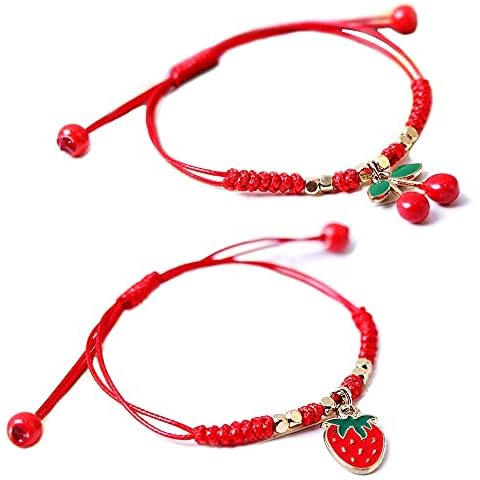 HUJUON 2Pcs Summer Fruit Strawberry Cherry Bracelets Sets,Handmade Weave Red Rope Adjustable Bracelet Protection Jewelry for Couple Best Friends (Cherry Strawberry 2Pcs) Cover