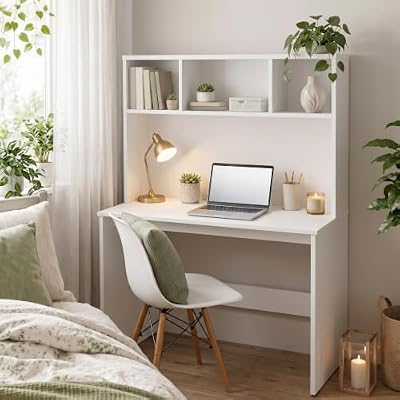 Andca Aura Study Table with 3-Cubby Bookshelf Hutch - Modern Wooden Computer Desk for Home Office & Bedroom | Premium Engineered Wood, Frosty White (80 x 45 x 120 cm)