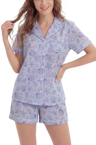 Image of LUBOT 100% Cotton Pajamas for Women 2 Piece PJ Set Poplin Woven Lightweight Ladies Button Short Sleeve Sleepwear S-XXL