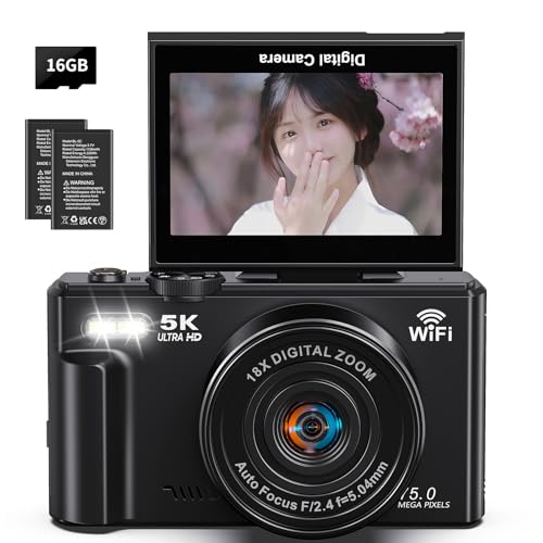 デジタルカメラ 5K動画 7500万画素 デジカメ スマホに送れる WIFI転送機能 18Xデジタルズーム AFオートフォーカス LEDライト ウェブカメラ 3.0インチ180度回転可能大画面 充電式バッテリー コンパクト 軽量 携帯便利 子供や初心者向け 学生 クリスマスプレゼント ブラック（Amazon）