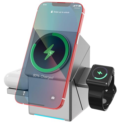 3-in-1 Auto-Rotation Magnetic Wireless Charger Stand – 23W Fast Charging Station for Phone, Earbuds & Smartwatch – Multi-Function Wireless...