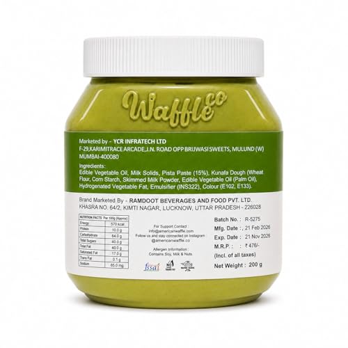 Image of THE AMERICAN WAFFLE CO Kunafa Pistachio Spread 200g | Premium Pistachio Dessert Spread | Gourmet Sweet Spread for Bread, Waffles, Pancakes, Toast, Cakes & Dessert Toppings