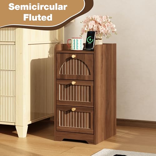 Image of 11.02 inch Narrow Nightstand Set of 2, Fluted Slim Bedside Table with 2 Drawers, Mid Century Modern Small End Table with Gold Metal Handles, for Bedroom, Living Room & Small Spaces - Walnut