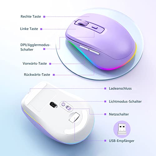 seenda Kabellose LED-Maus, Wiederaufladbar Mit Maus Jiggler, Leise 2.4G USB Funkmaus für Laptop, Computer - Beleuchtet, DPI 2000, für PC, Windows (Lila)