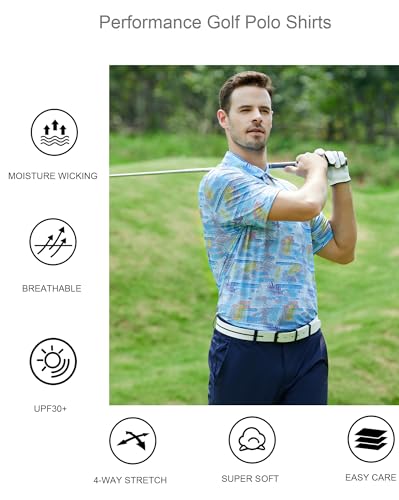 Alex Vando Mens Golf Shirt Moisture Wicking Quick-Dry Print Performance Polo Shirts for Men