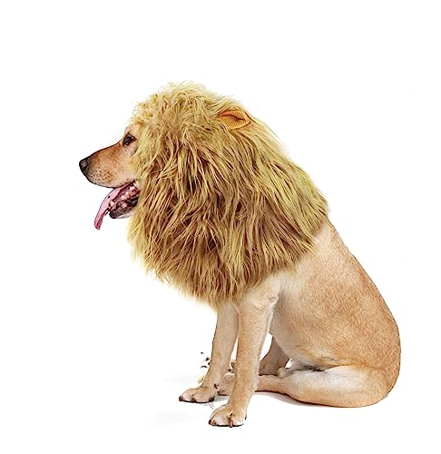 Onmygogo Löwenmähne Perücke für Hunde mit Ohren, lustige Haustierkostüme für Halloween Weihnachten (Größe L, Gelb)
