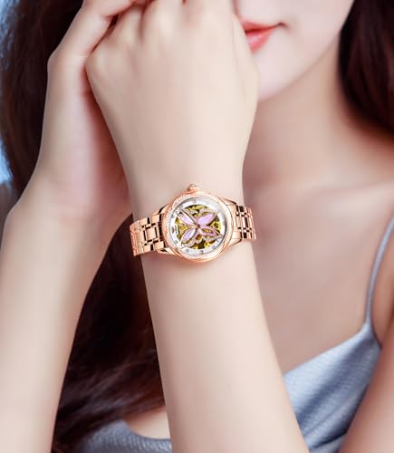Image of OLEVS Womens Diamond Watches Automatic Mechanical Gold Luxury Dress Ladies Self Winding Original Stainless Steel Wrist Watch