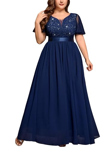 Image of MISSMAY Women's Plus Size Vintage Flutter Sleeves V-Neck Lace Sequin Wedding Guest Ceremony Cocktail Dress (4XL, Navy Blue)