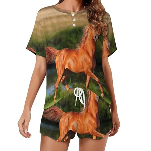 Pyjama court femme Cheval Brun contre la chaleur nocturne vêtement de nuit