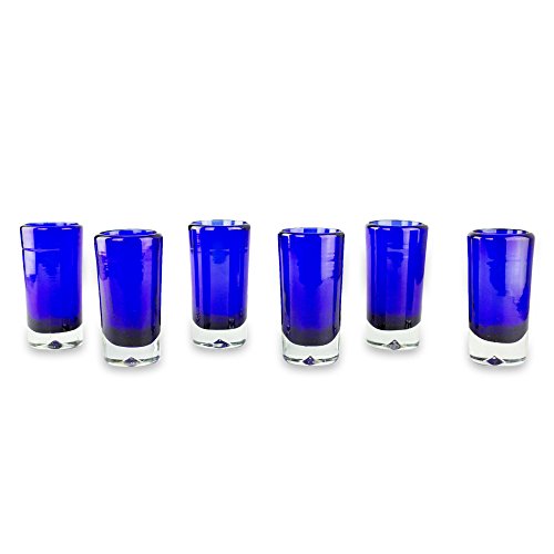NOVICA Artisan Crafted Hand Blown Blue Recycled Glass Shot Glasses 2 Oz Pure Cobalt Set Of 6