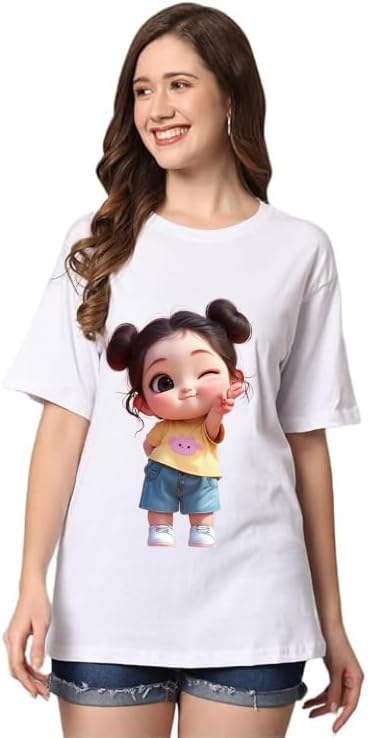 Women's Cotton Terry Lycra Oversized Loose Fit Regular Oversized Half Sleeve Tshirt, Round Neck Longline Drop Shoulder Solid T-Shirt for Women's