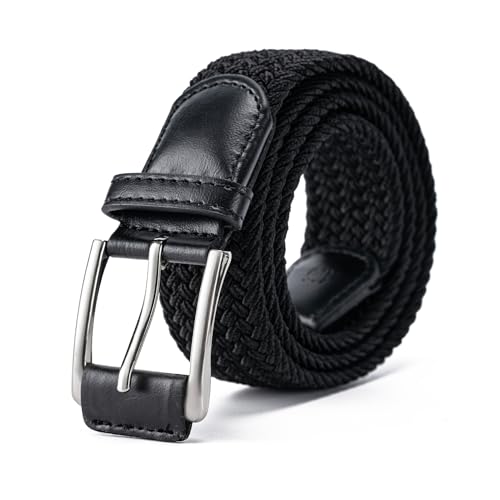Aegero Mens Belt, Canvas Elastic Fabric Woven Stretch Multicolored Braided Belts for Golf Casual Pants Shirts Jeans(1 3-8 All Black)
