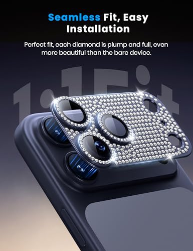 Image of Hoerrye Bling Diamond Camera Lens Protector for iPhone 17 Pro Max - [1:1 Full Coverage][Strong Adsorption] 9H+ Tempered Glass Screen Protective Cover Case Friendly,Glitter Blue