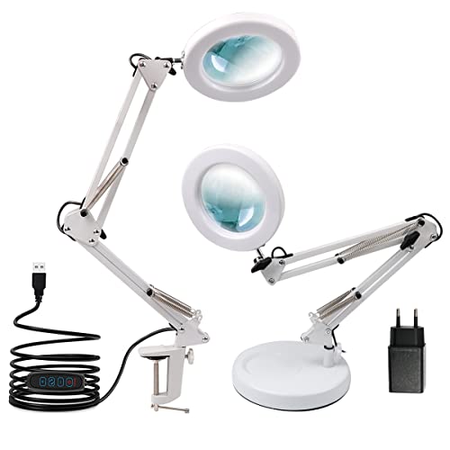 Lampe Loupe LED 5X, 2 en 1 Loupe Eclairante avec Pince et Adaptateur 16 W 3 Couleur Loupe Lumineuse sur Pied Réglable Loupe à Bras pour Lecture Artisanat Couture Soudure Loupe avec Lumière