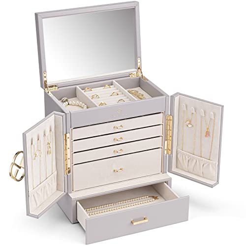 Vlando Joyero grande francés de 6 niveles, organizador de joyas grande XXL con espejo, cajones, almacenamiento de joyas para mujer, joyero para pendientes, cadenas, relojes