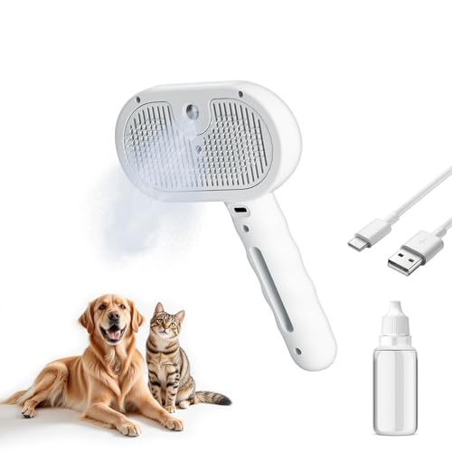 3 in 1 Pet Grooming Brush with Steam and Spray - Hair Removal Comb for Dogs and Cats with Water Tank and Mist Release Stainless Steel Teeth and Ergonomic Handle for Shedding and Grooming(White)