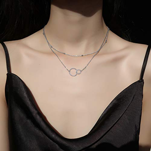 Ladytree S925 Sterling Silver Fashion Bead Two Interlocking Infinity Circles Double Layer Chain Choker Necklace thumb #1