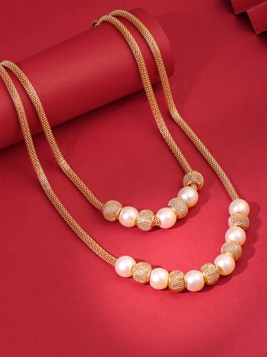 Image of Yellow Chimes Layered Necklace for Women Gold-plated Western Pearl Beads Multi layered Chain Necklace for Women and Girl