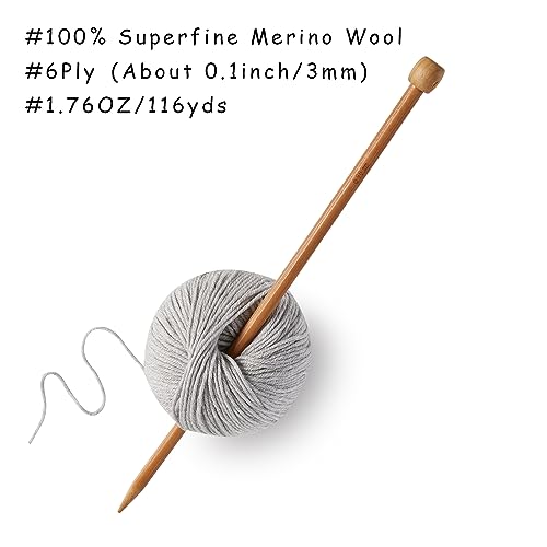GISIMO 100% Merino Wool Yarn, 6-Ply Luxurious and Soft Yarn for Hand Knitting & Crocheting, 1.76 OZ/50g, 127 yds/116 Meters (Light Gray, 1 Ball)