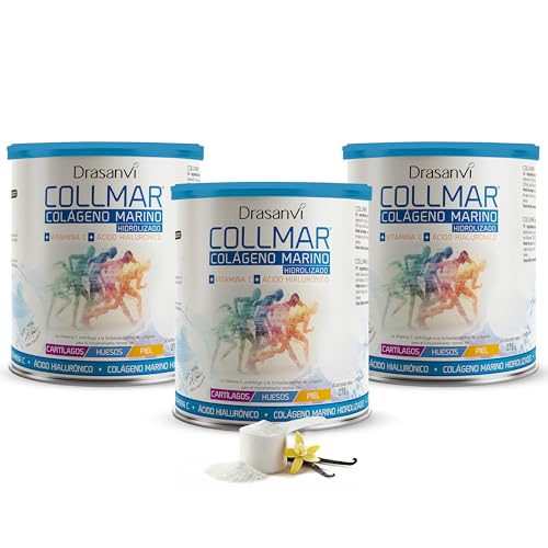 Drasanvi COLLMAR Colageno Marino Hidrolizado con Ácido Hialurónico, Vitamina C |Sin edulcorantes | Máx. asimilación 9.660 mg/dia | 3 x 275g de polvo | Sabor Vainilla