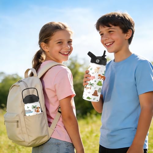 MCPESAS Kids Water Bottle Insulated - 16 oz Kids Stainless Steel Water Bottle with Straw, Leak Proof, BPA-Free, Vacuum Insulated, Animal Water Bottles for Sports, Travel