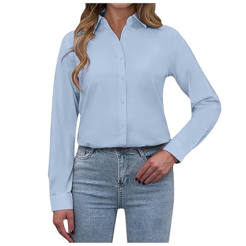2025 Camisas de vestir para mujer con protección contra manchas, camisas de manga larga sin arrugas, camisas sólidas de trabajo y negocios con botones para mujer y adolescentes, azul, L