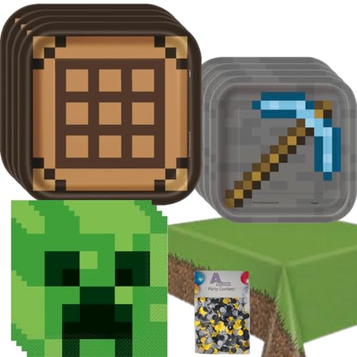 Minecraft Gaming Party Supplies Set, Square Minecraft Plates (Dinner & Dessert sized), Napkins, Tablecover with Confetti, 16 Guest Pack, Pixelated Design for Birthday Party