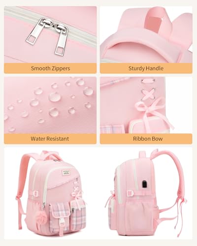 Image of Cute School Backpack for Teen Girls, 3Pcs Kids Bookbag with Lunch Box Pencil Pouch for Elementary Middle High School College, Water Resistant Laptop Backpacks Back to School Gift, Pink Tartan