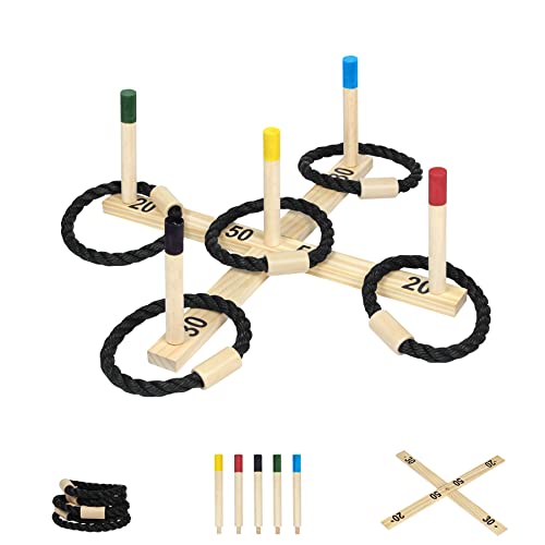 SUBTLETY Ringwurfspiel aus Holz Wurfspiel Set mit 5 Wurfringe und 5 Spielstäben Outdoor Holzspiel Gartenspielzeug für Kinder & Erwachsener Ringwurf Spielezeug für Garten Familienfeiern Party