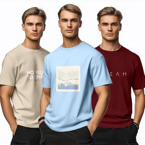 Image of Nobero 100% Cotton Tshirts for Men Combo Pack of 3 | Regular Fit | Printed | Round Neck Half Sleeve