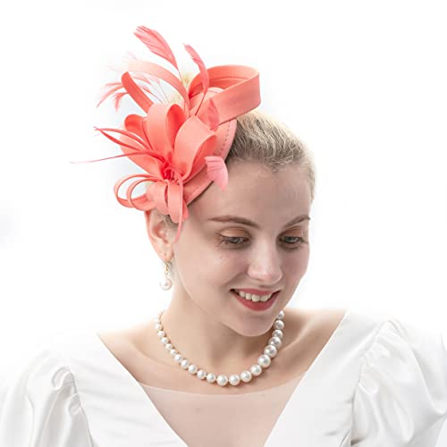 FELIZHOUSE Fascinator Hats Headband Feather Satin Headpieces Tea Party Hat Wedding Church Bridal Headwear for Women Girls(Coral) - Thumbnail 3