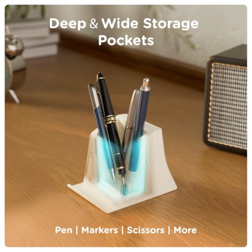 Image of eo 3-in-1 Pen Stand for Table, Phone & Vertical Laptop Holder EZ Desk Beige | Retractable laptop dock, phone stand and deep stationery storage in one compact, stable desk organiser for office or study